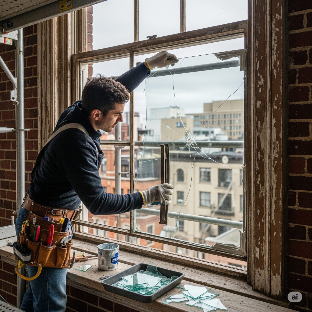 man fixing broken window
