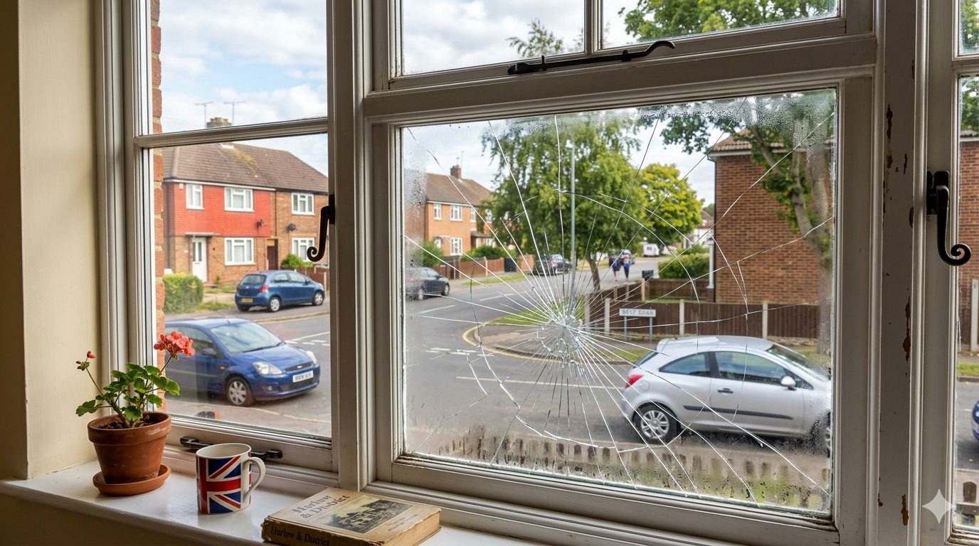 Cracked window in a UK home (AI generated)